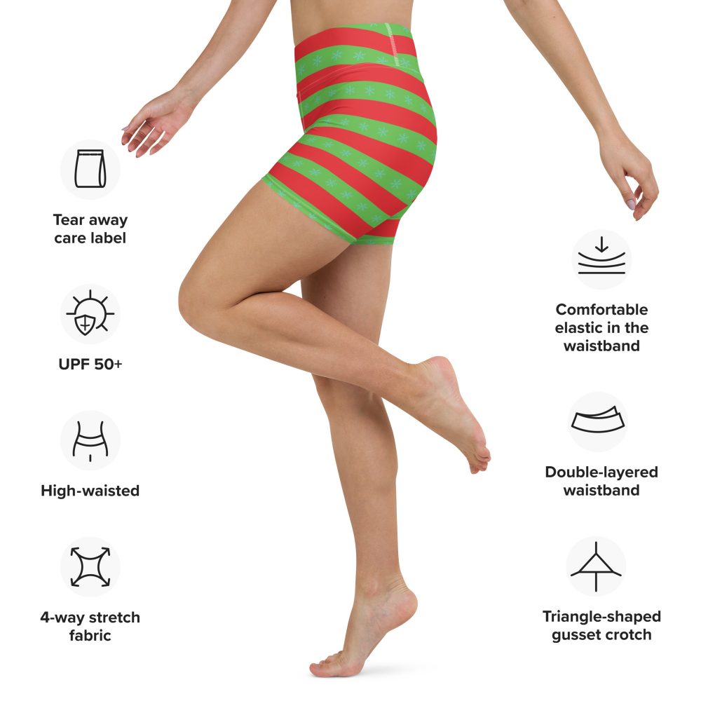 Christmas Yoga Shorts Red and Green Striped with Snowflakes - Image 2