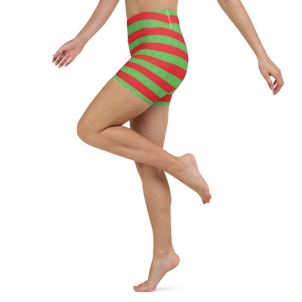 Christmas Yoga Shorts Red and Green Striped with Snowflakes - Image 3