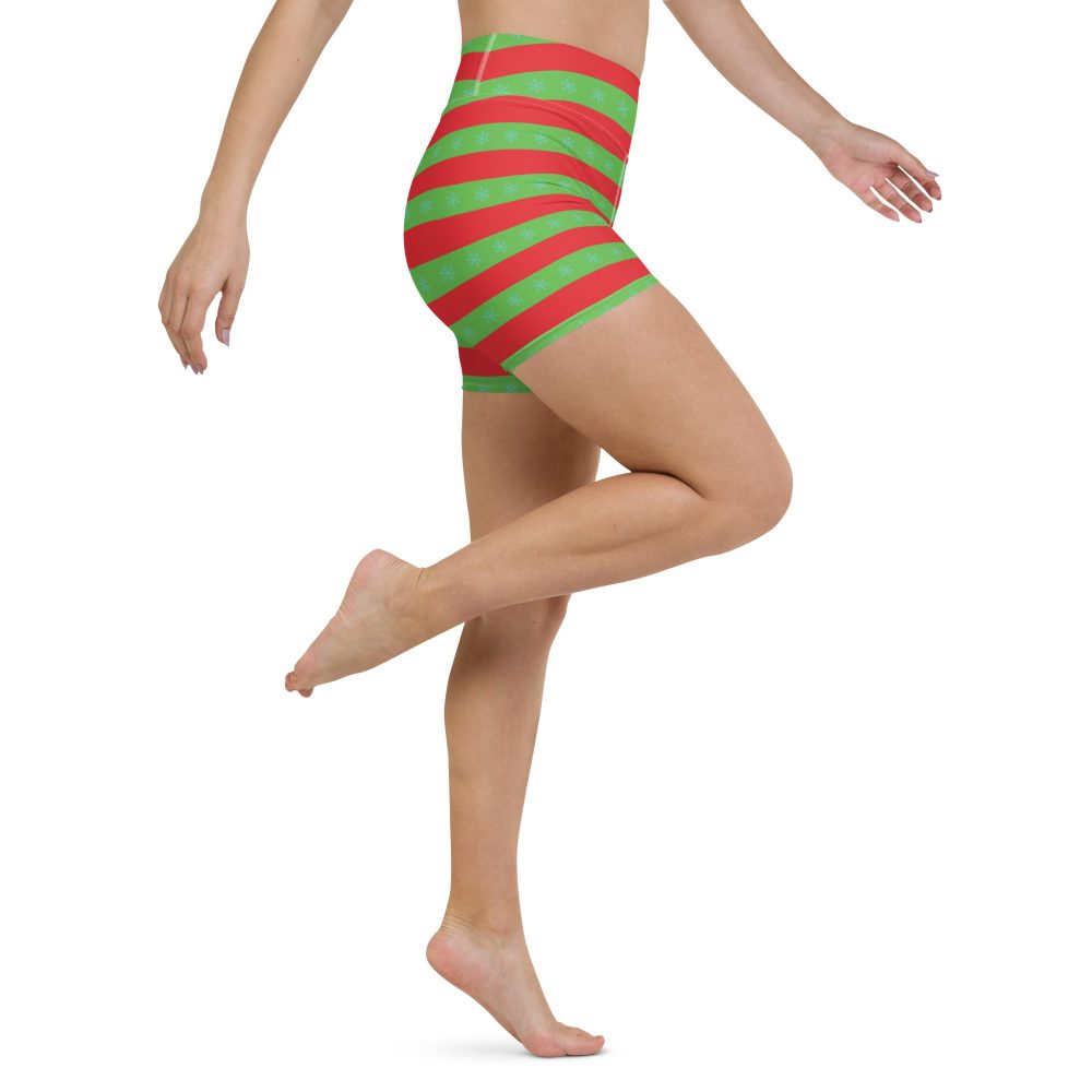 Christmas Yoga Shorts Red and Green Striped with Snowflakes - Image 5