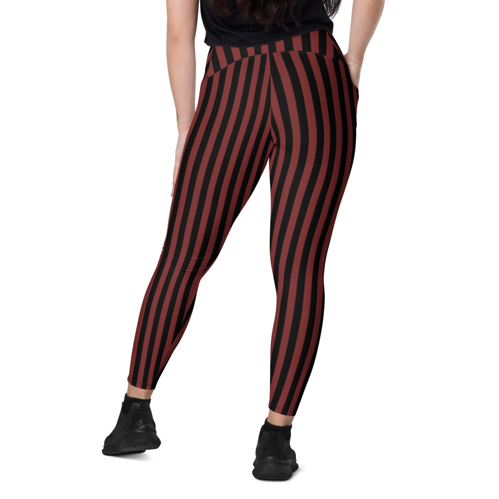 Maroon Red and Black Striped Pirate Costume Crossover leggings with pockets - Image 5