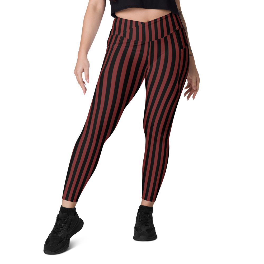 Maroon Red and Black Striped Pirate Costume Crossover leggings with pockets - Image 4