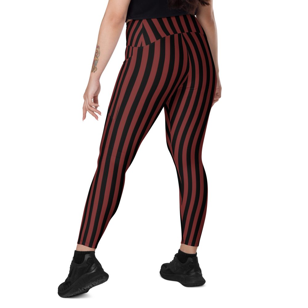 Maroon Red and Black Striped Pirate Costume Crossover leggings with pockets - Image 3