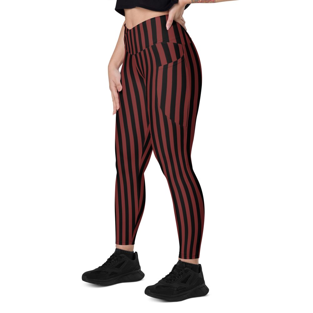 Maroon Red and Black Striped Pirate Costume Crossover leggings with pockets - Image 6