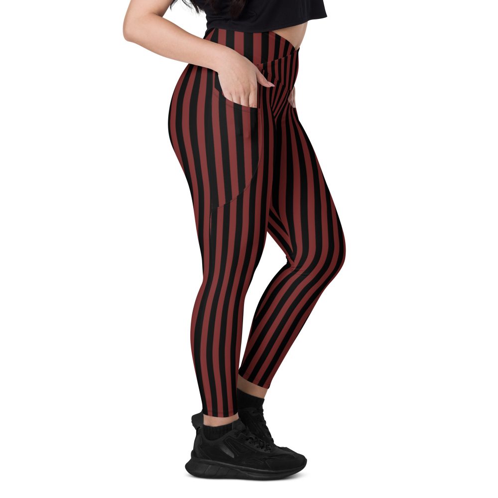 Maroon Red and Black Striped Pirate Costume Crossover leggings with pockets