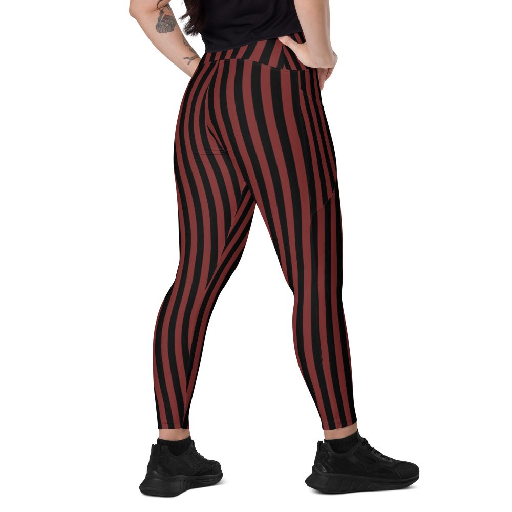 Maroon Red and Black Striped Pirate Costume Crossover leggings with pockets - Image 2