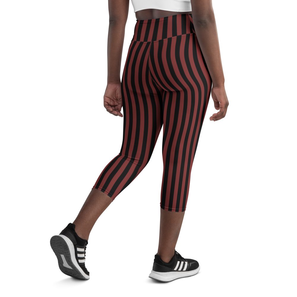 Maroon Red and Black Striped Pirate Costume Yoga Capri Leggings - Image 4