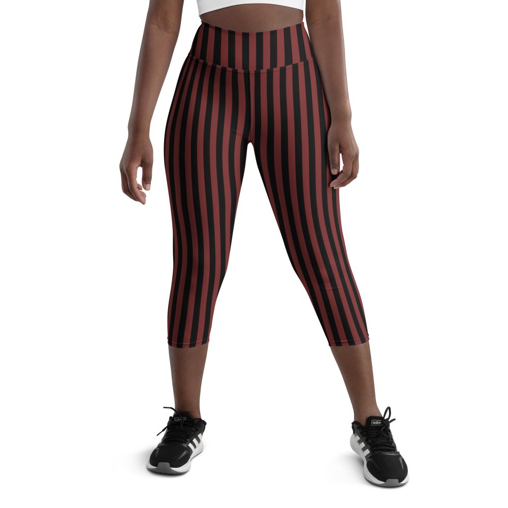 Maroon Red and Black Striped Pirate Costume Yoga Capri Leggings - Image 2