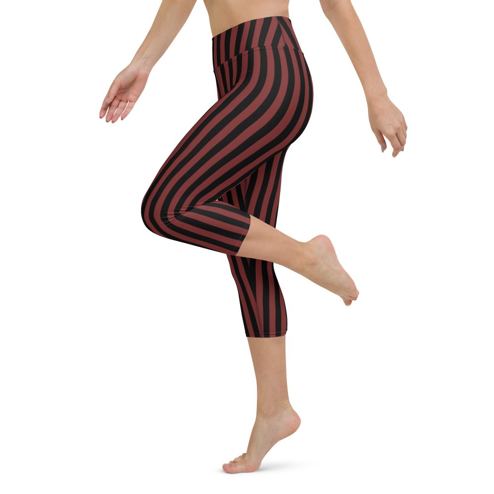 Maroon Red and Black Striped Pirate Costume Yoga Capri Leggings - Image 5