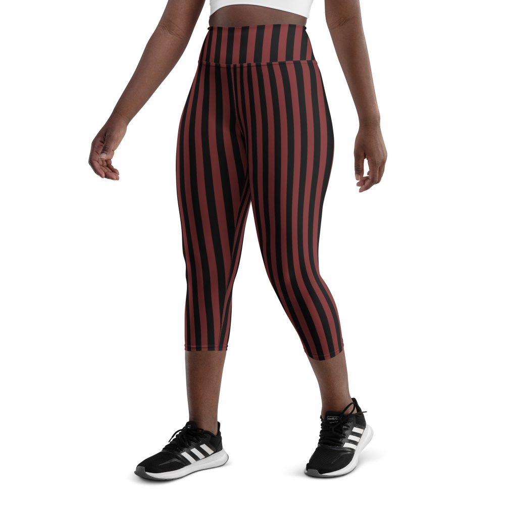 Maroon Red and Black Striped Pirate Costume Yoga Capri Leggings - Image 3