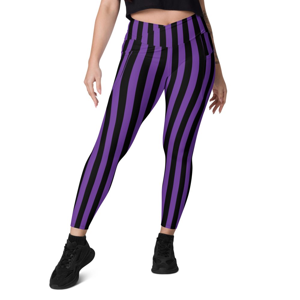 Violet - Purple and Black Striped Pirate Costume Crossover leggings with pockets - Image 9