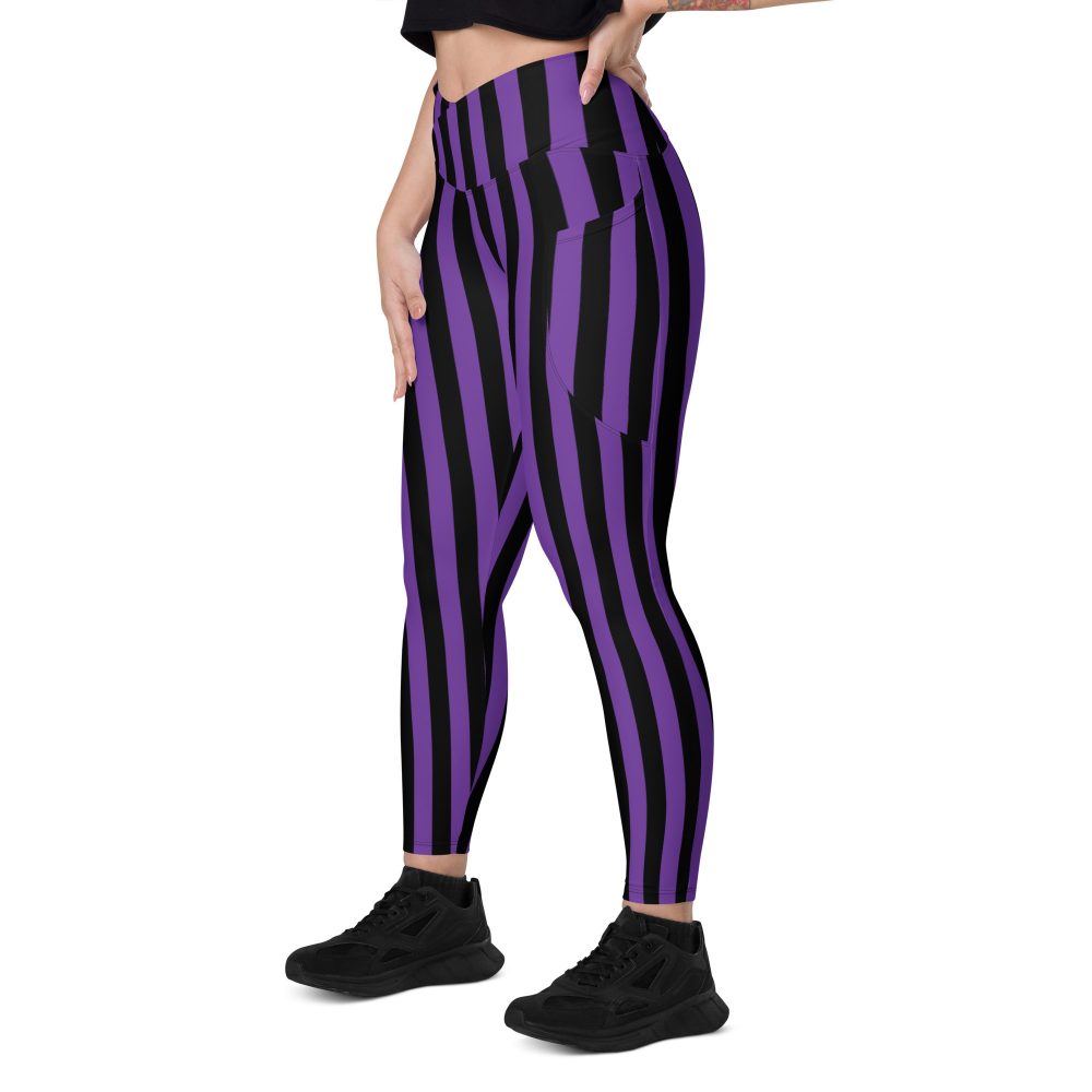 Violet - Purple and Black Striped Pirate Costume Crossover leggings with pockets - Image 11