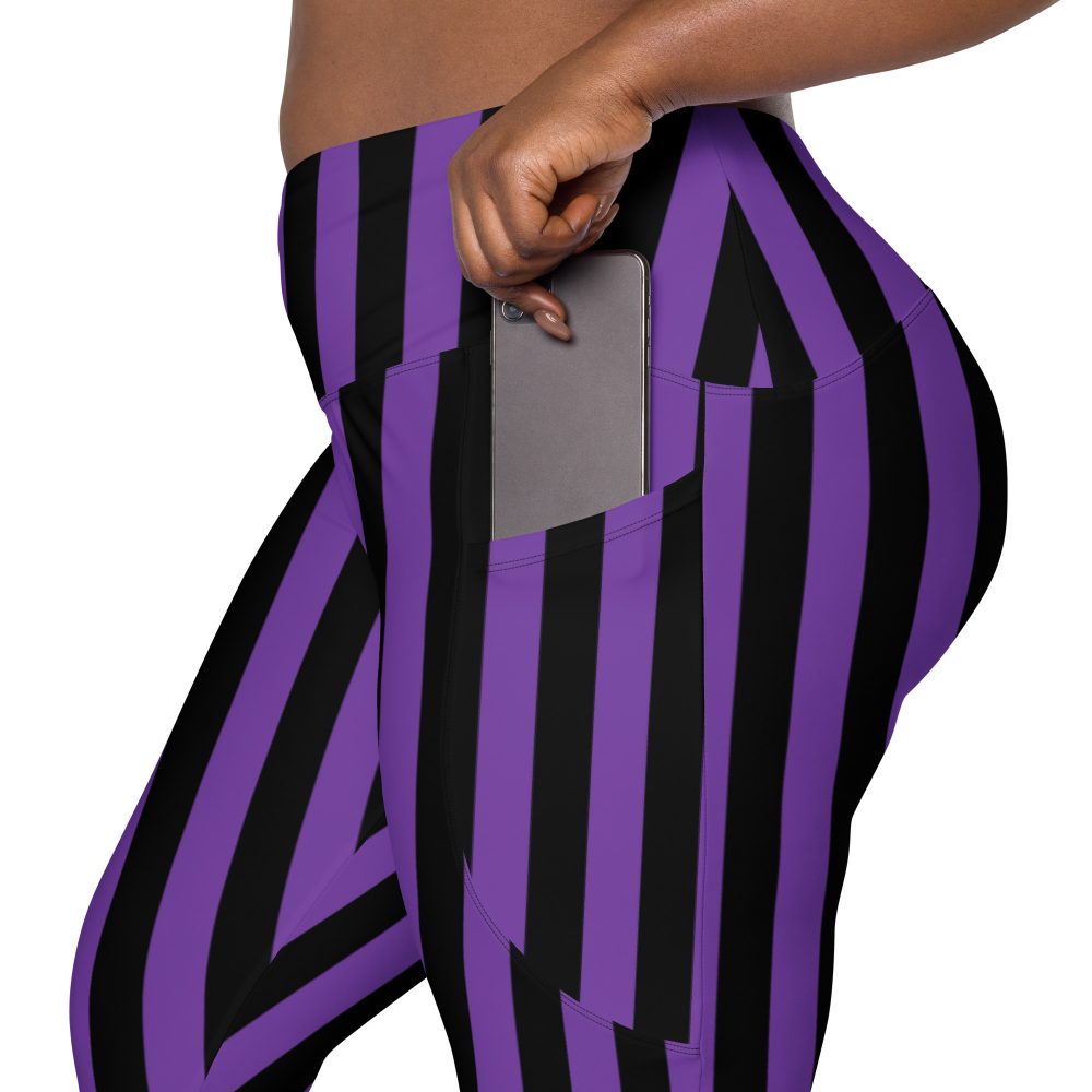 Violet - Purple and Black Striped Pirate Costume Crossover leggings with pockets - Image 6