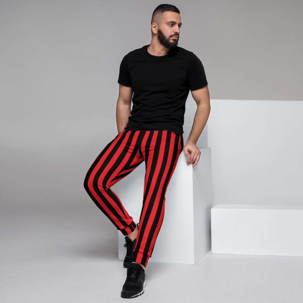 Red and Black Stripes Pirate Witch Goth Costume Striped Men's Slim Fit Joggers - Image 3