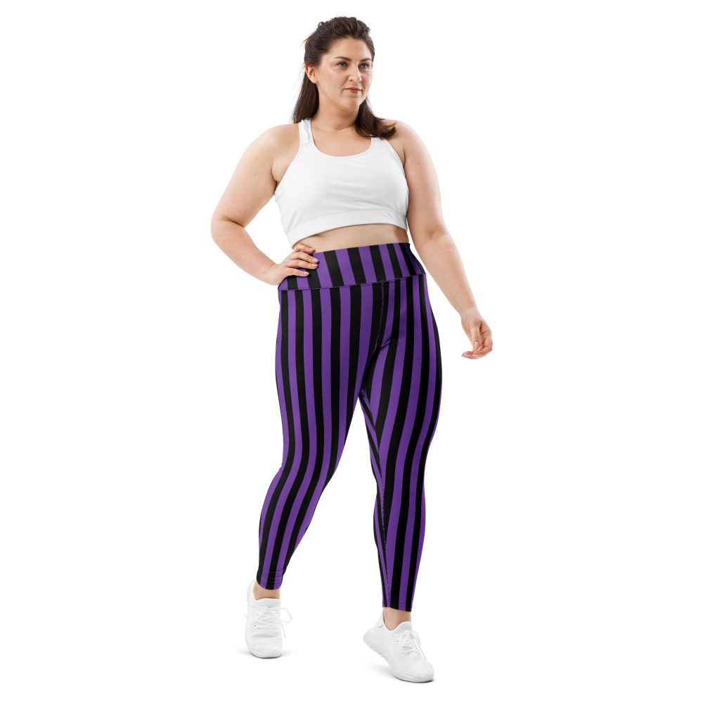 Violet - Purple and Black Stripes Pirate Witch Goth Costume Striped Plus Size Leggings - Image 3