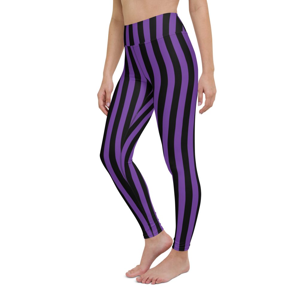 Violet - Purple and Black Stripes Pirate Witch Goth Costume Striped Yoga Leggings - Image 7