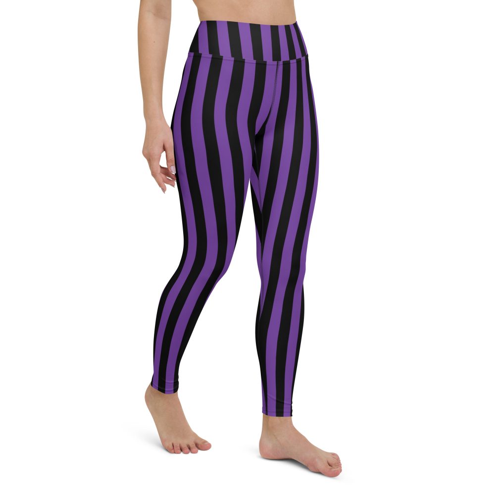 Violet - Purple and Black Stripes Pirate Witch Goth Costume Striped Yoga Leggings - Image 9