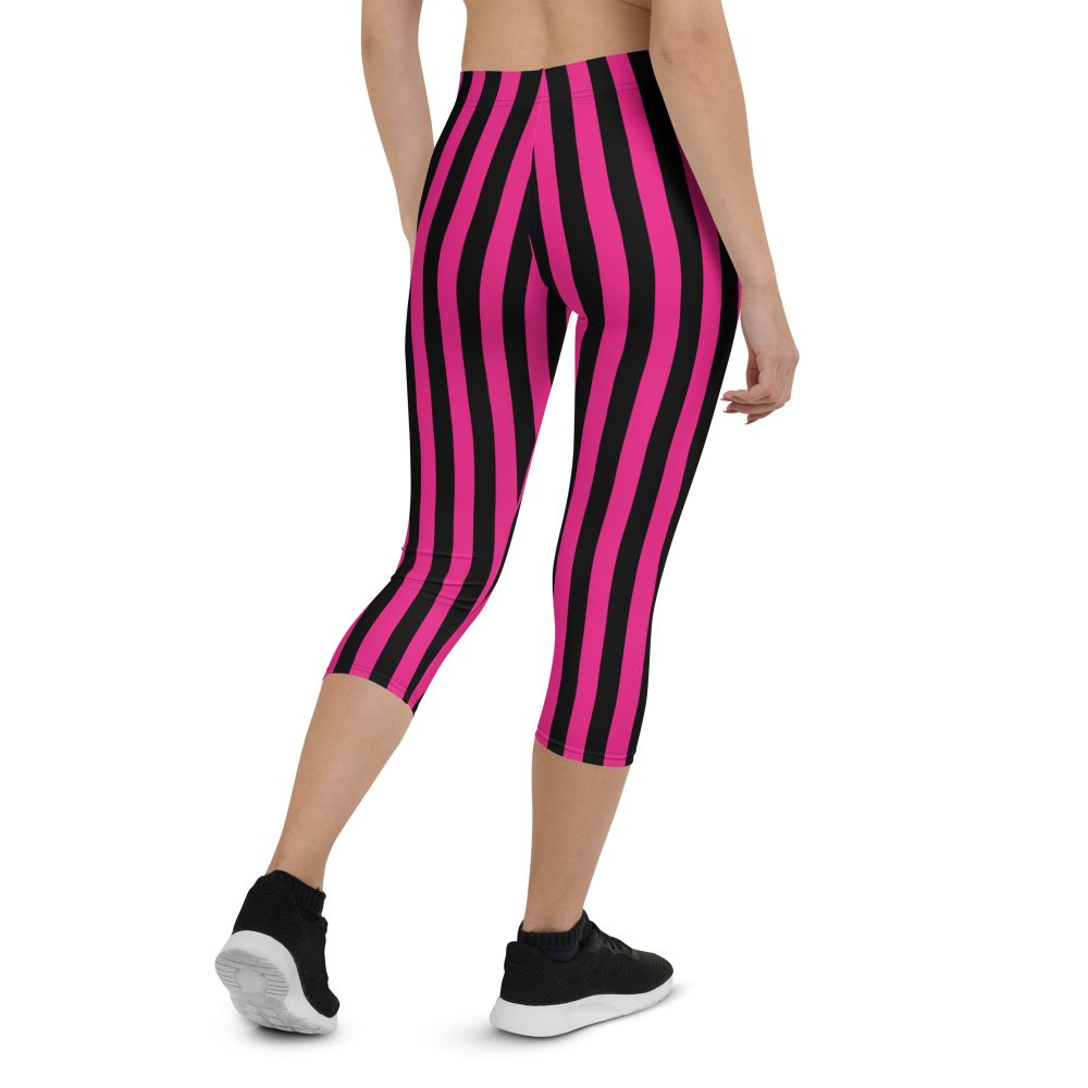 Pink Magenta and Black Stripes Pirate Witch Goth Costume Striped Capri Leggings - Image 2