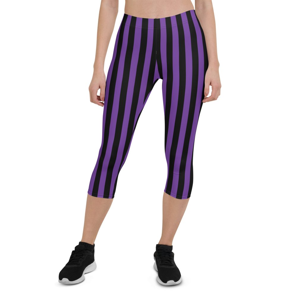 Violet – Purple and Black Stripes Pirate Witch Goth Costume Striped Capri Leggings - Image 4