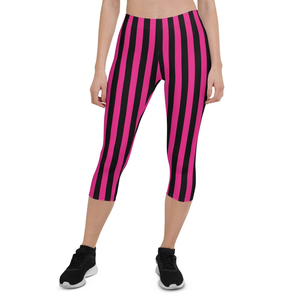 Pink Magenta and Black Stripes Pirate Witch Goth Costume Striped Capri Leggings