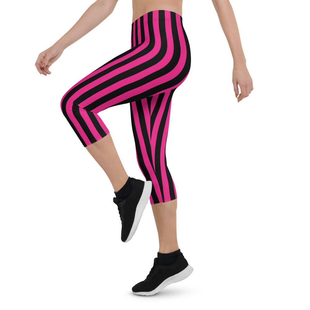 Pink Magenta and Black Stripes Pirate Witch Goth Costume Striped Capri Leggings - Image 3