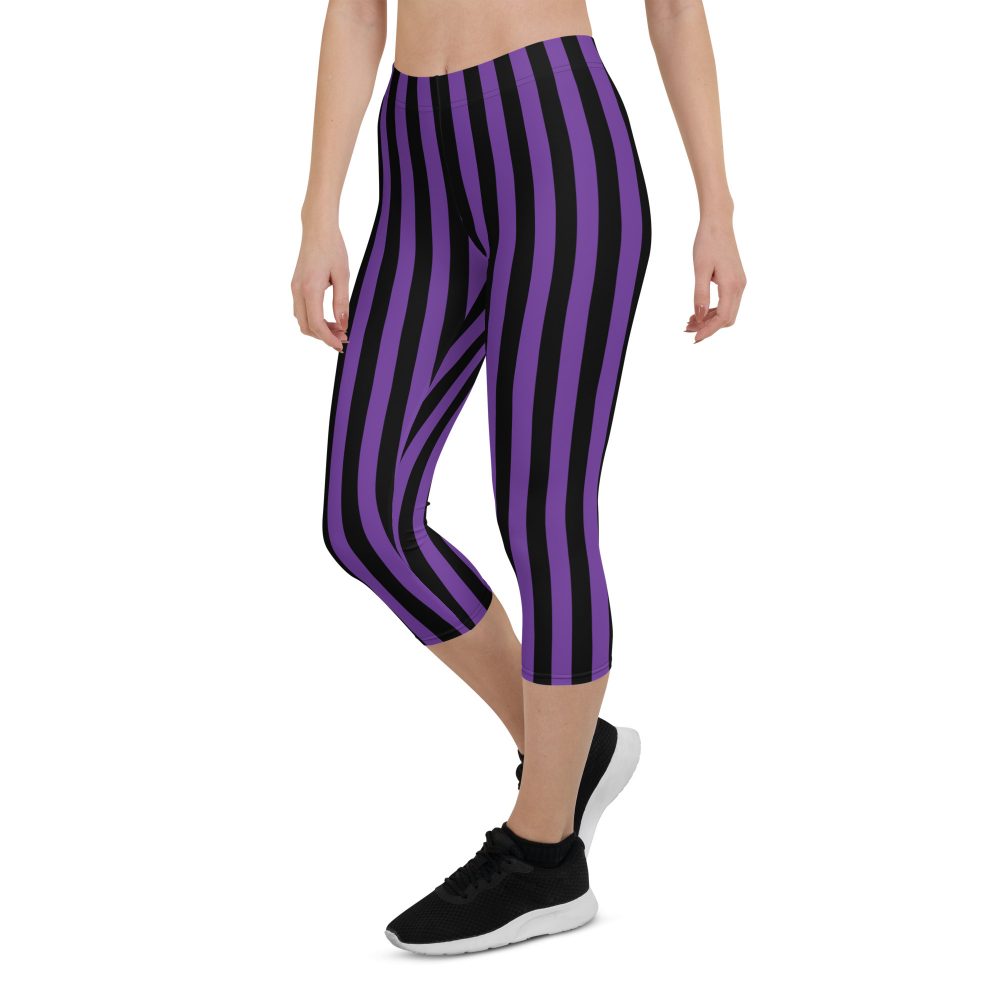 Violet – Purple and Black Stripes Pirate Witch Goth Costume Striped Capri Leggings - Image 7