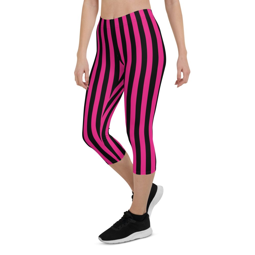 Pink Magenta and Black Stripes Pirate Witch Goth Costume Striped Capri Leggings - Image 5