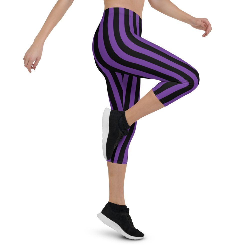 Violet – Purple and Black Stripes Pirate Witch Goth Costume Striped Capri Leggings - Image 6