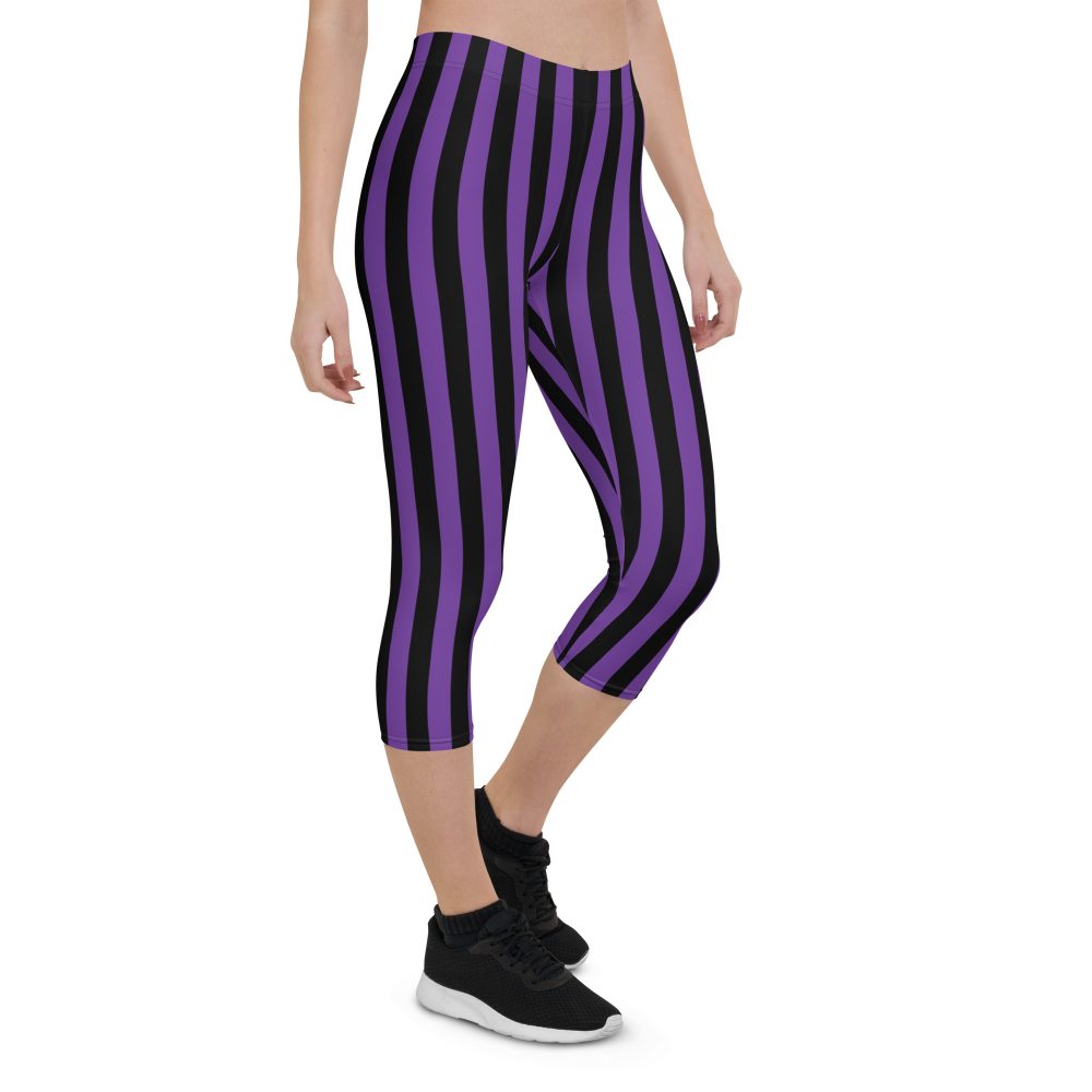 Violet – Purple and Black Stripes Pirate Witch Goth Costume Striped Capri Leggings - Image 8