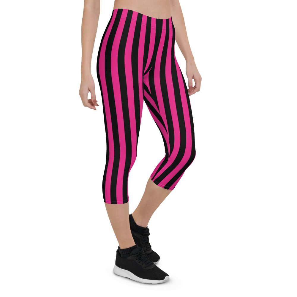 Pink Magenta and Black Stripes Pirate Witch Goth Costume Striped Capri Leggings - Image 6