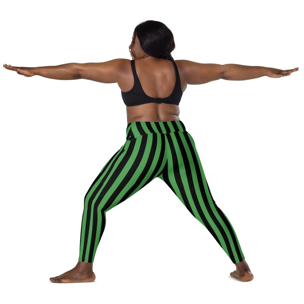 Green and Black Stripes Halloween Witch Pirate Costume Striped Crossover leggings with pockets - Image 2