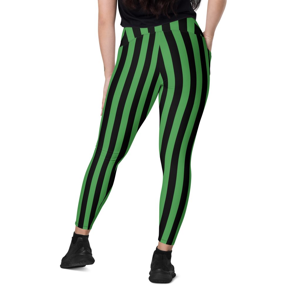 Green and Black Stripes Halloween Witch Pirate Costume Striped Crossover leggings with pockets - Image 9