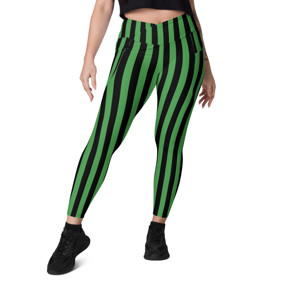 Green and Black Stripes Halloween Witch Pirate Costume Striped Crossover leggings with pockets - Image 8