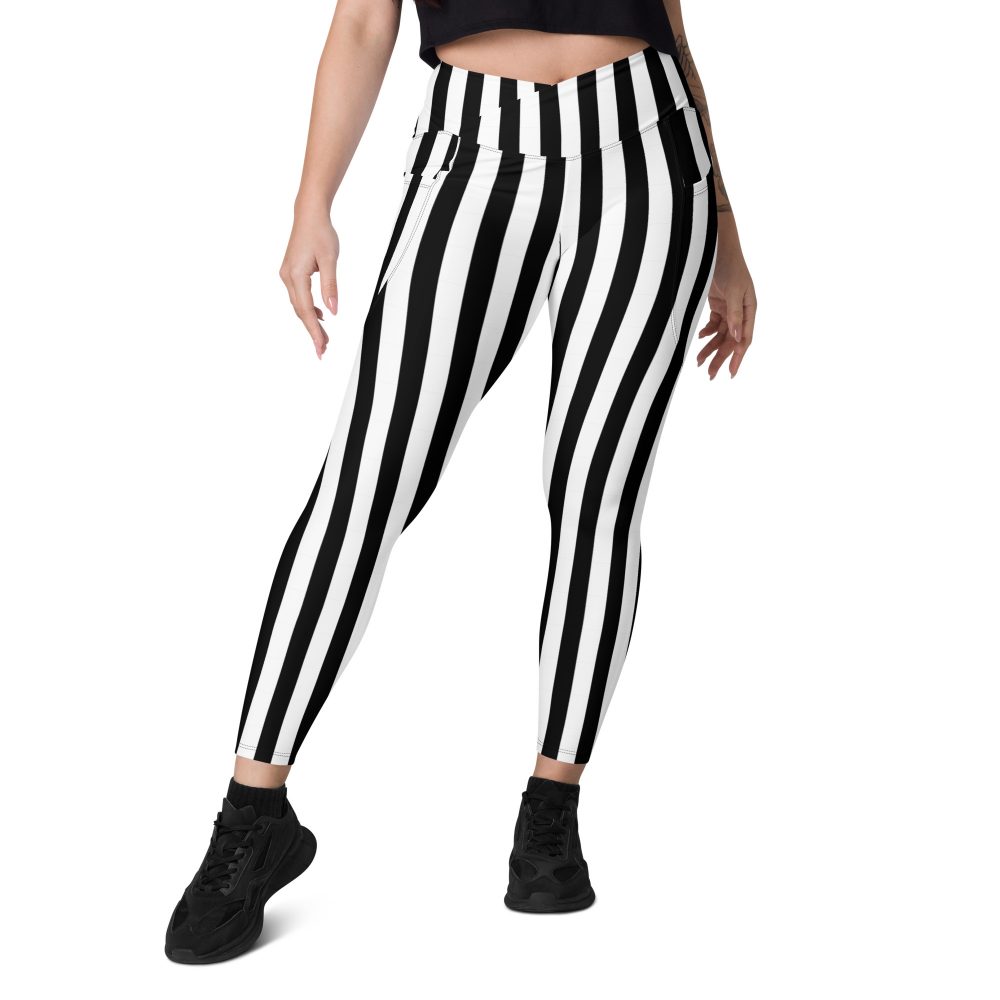 Black and White Stripes Pirate Witch Goth Costume Striped Crossover leggings with pockets - Image 5