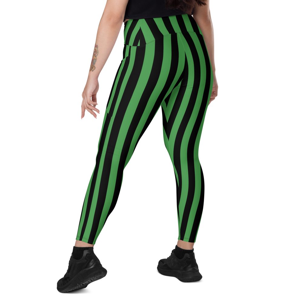 Green and Black Stripes Halloween Witch Pirate Costume Striped Crossover leggings with pockets - Image 7