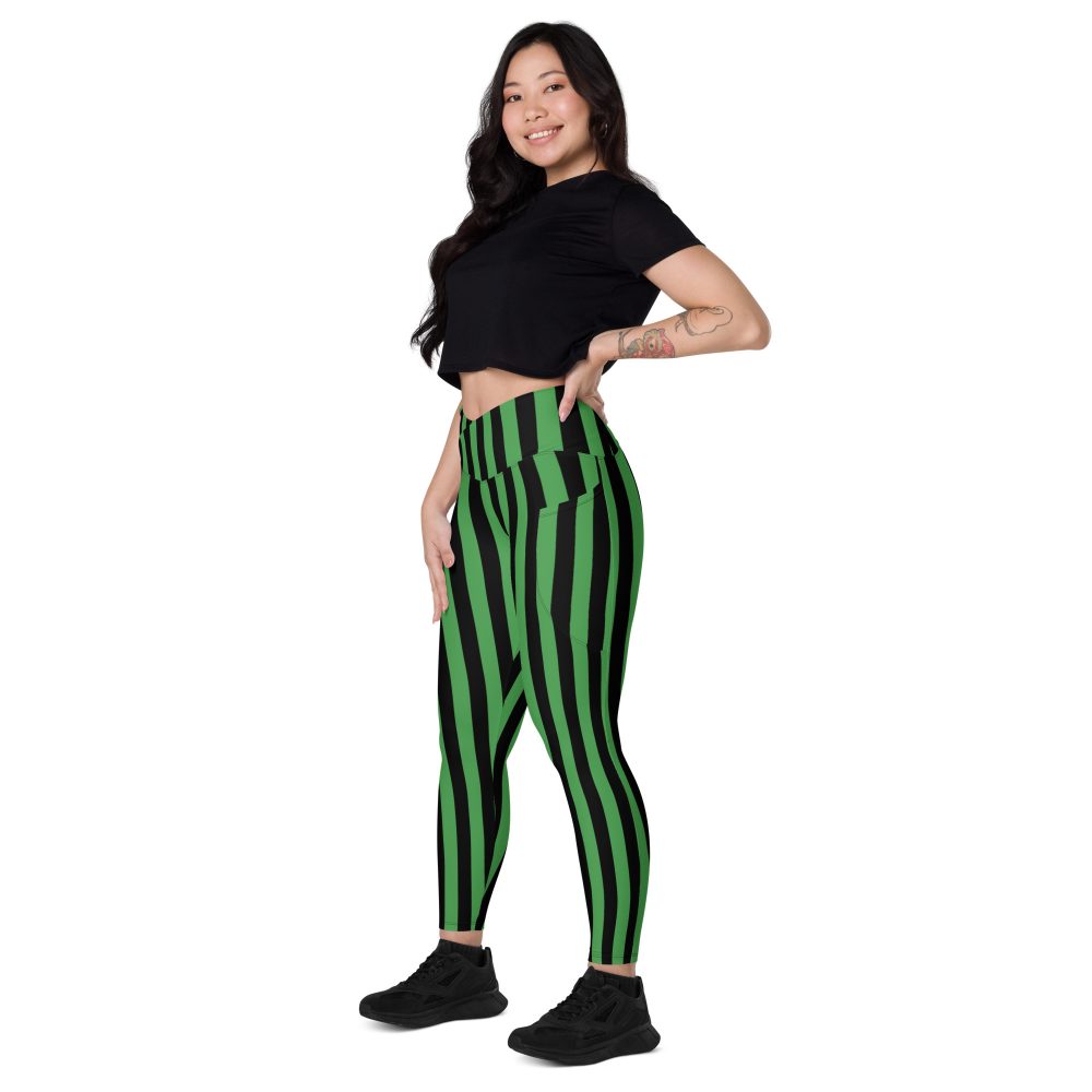 Green and Black Stripes Halloween Witch Pirate Costume Striped Crossover leggings with pockets - Image 5