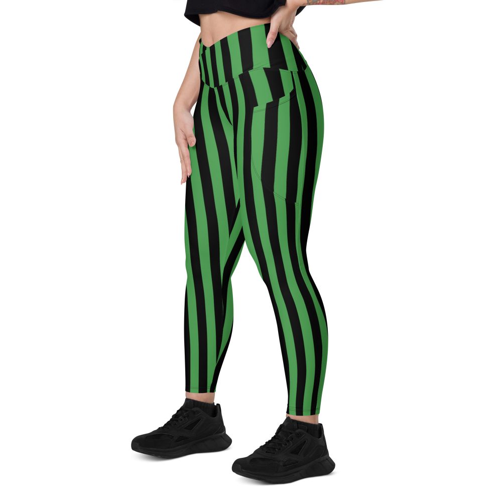 Green and Black Stripes Halloween Witch Pirate Costume Striped Crossover leggings with pockets - Image 10