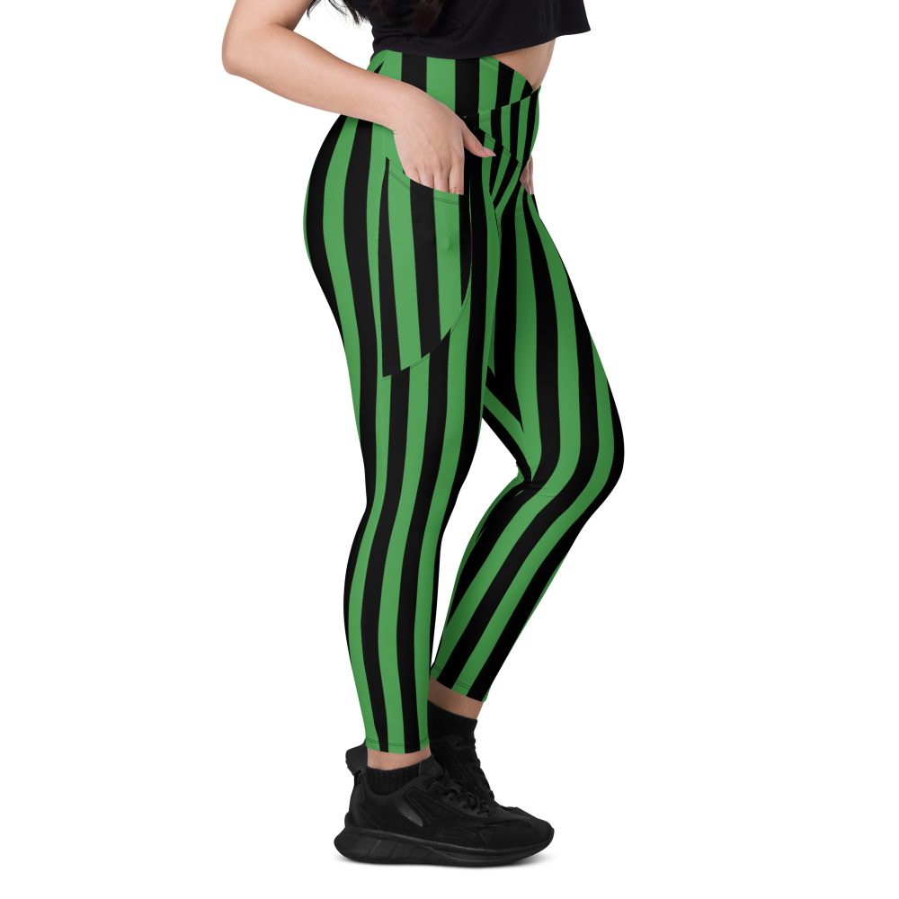 Green and Black Stripes Halloween Witch Pirate Costume Striped Crossover leggings with pockets