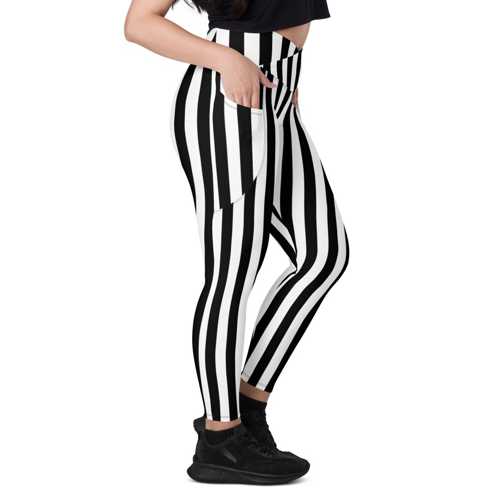 Black and White Stripes Pirate Witch Goth Costume Striped Crossover leggings with pockets