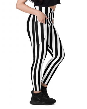 Black and White Stripes Pirate Witch Goth Costume Striped Crossover leggings with pockets