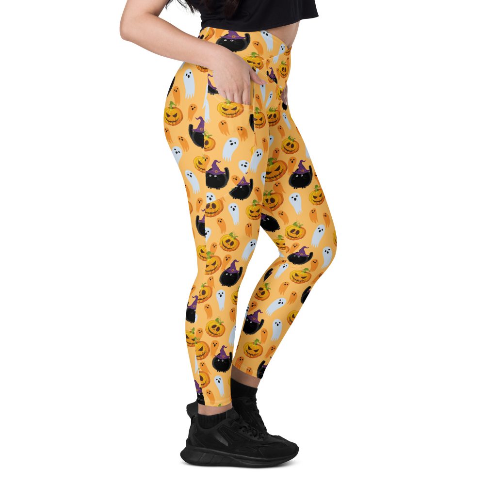 Pumpkin Ghost Cats Halloween Crossover leggings with pockets