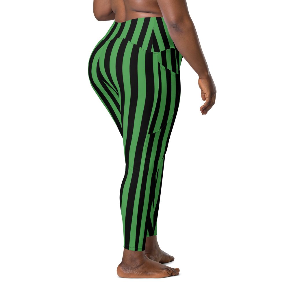 Green and Black Stripes Halloween Witch Pirate Costume Striped Crossover leggings with pockets - Image 3