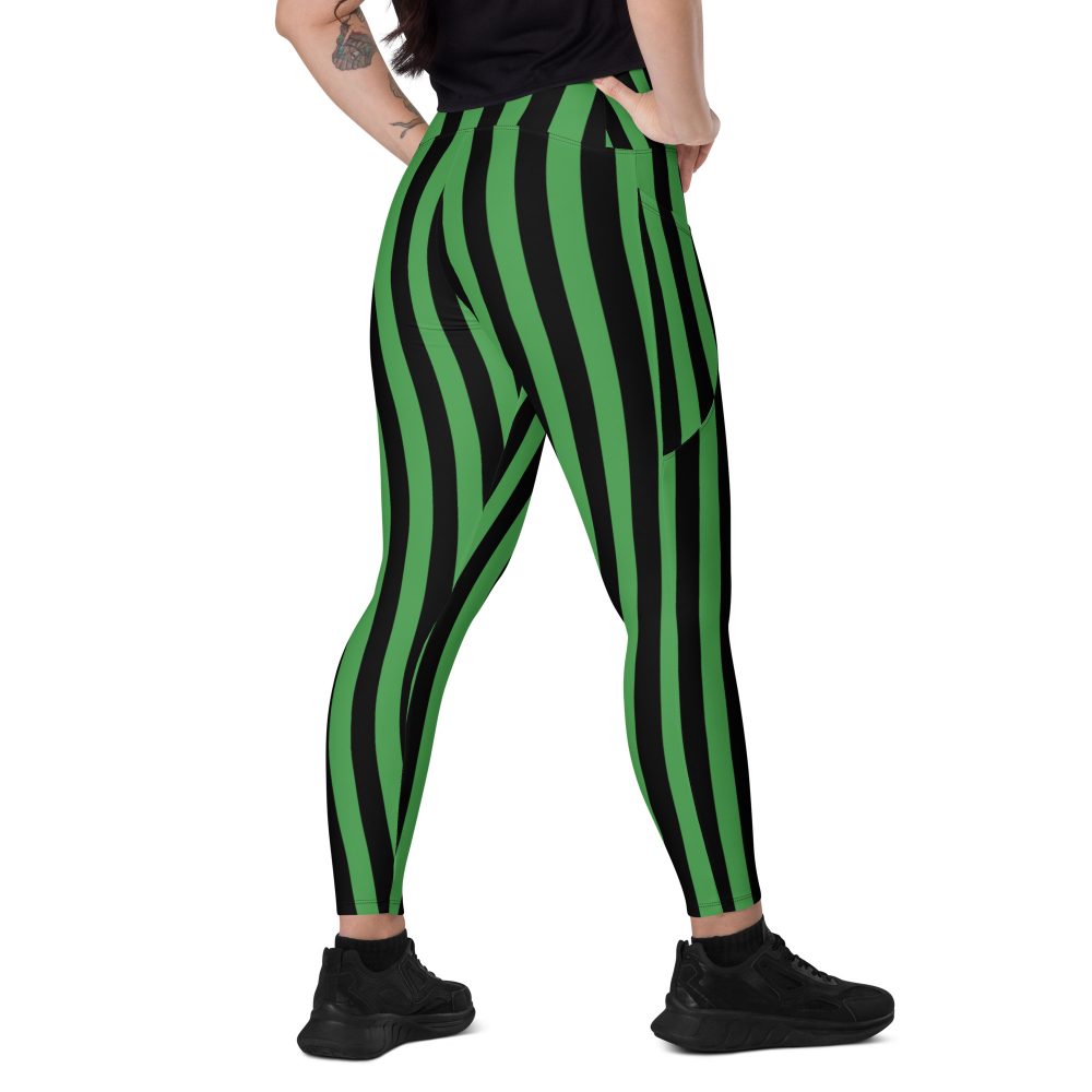 Green and Black Stripes Halloween Witch Pirate Costume Striped Crossover leggings with pockets - Image 6