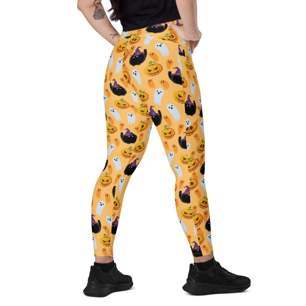 Pumpkin Ghost Cats Halloween Crossover leggings with pockets - Image 2