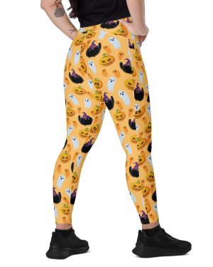 Pumpkin Ghost Cats Halloween Crossover leggings with pockets