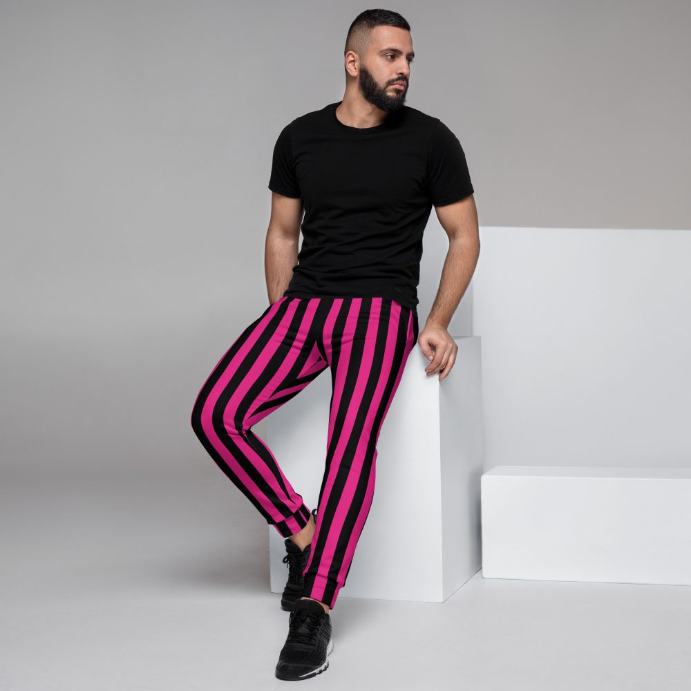 Pink Magenta and Black Stripes Pirate Witch Goth Costume Striped Men's Joggers - Image 3