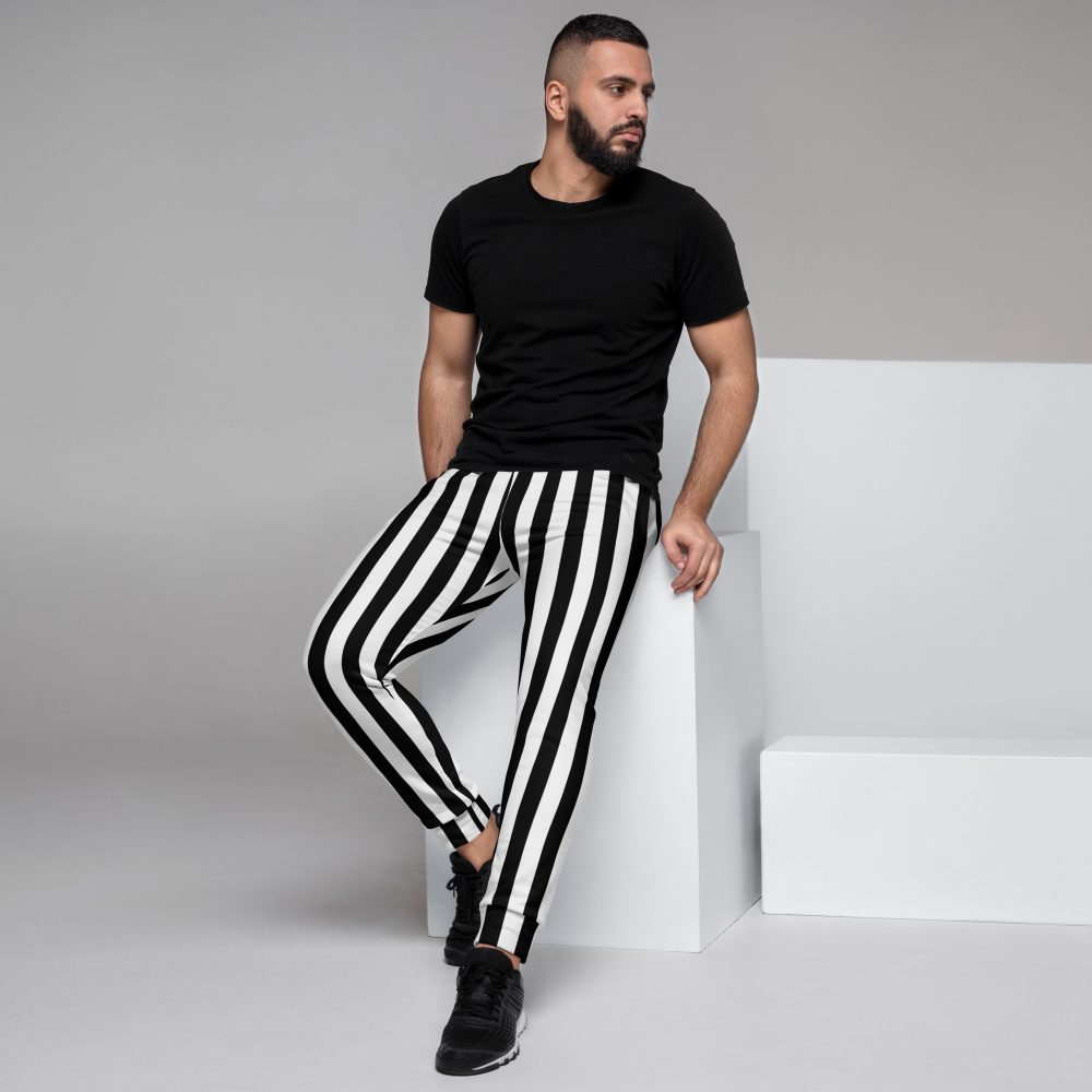 Black and White Striped Stripes Halloween Witch Pirate Costume Men's Joggers - Image 3