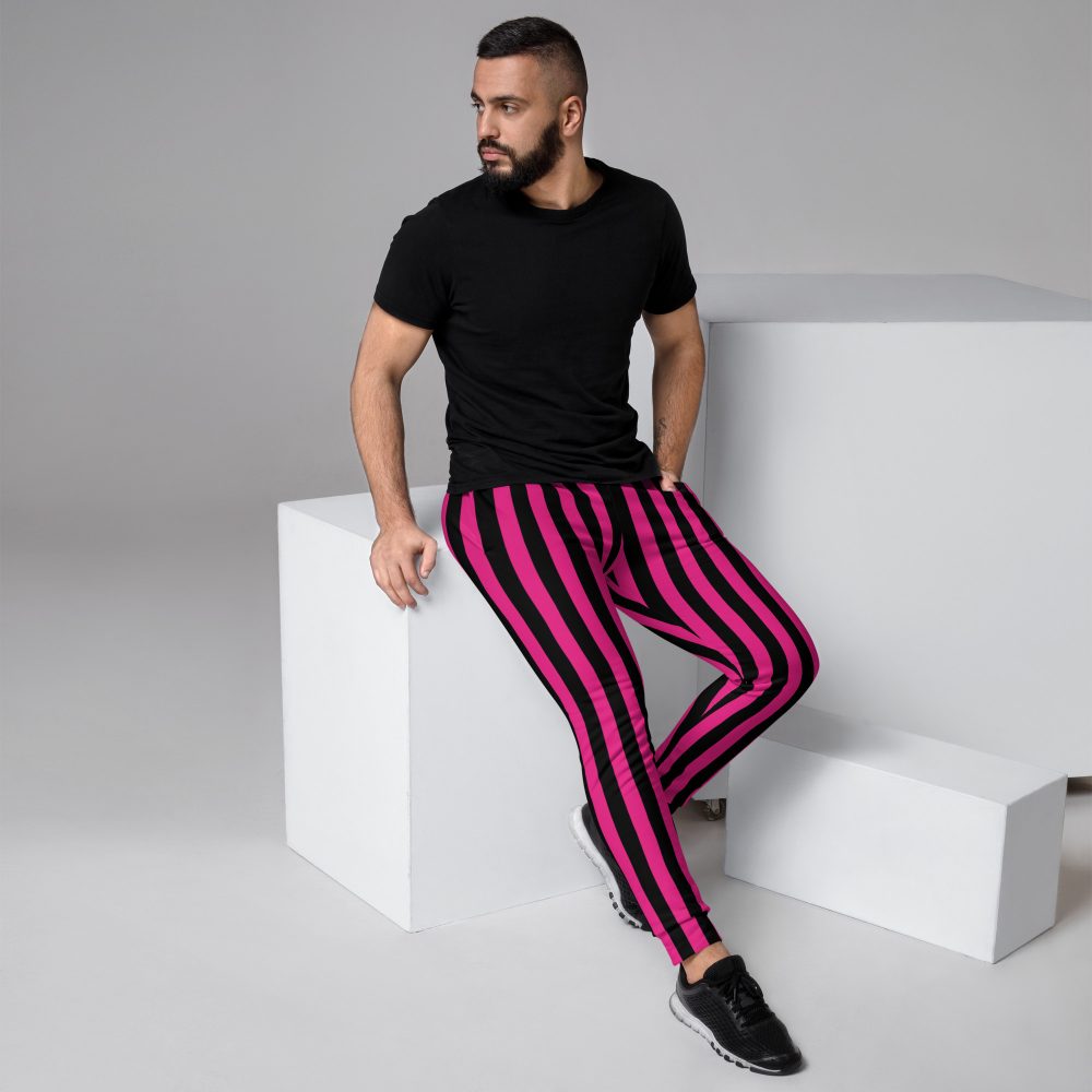 Pink Magenta and Black Stripes Pirate Witch Goth Costume Striped Men's Joggers - Image 2