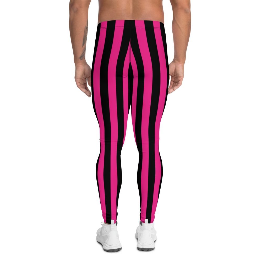 Pink Magenta and Black Stripes Pirate Witch Goth Costume Stripped Men's Leggings - Image 3