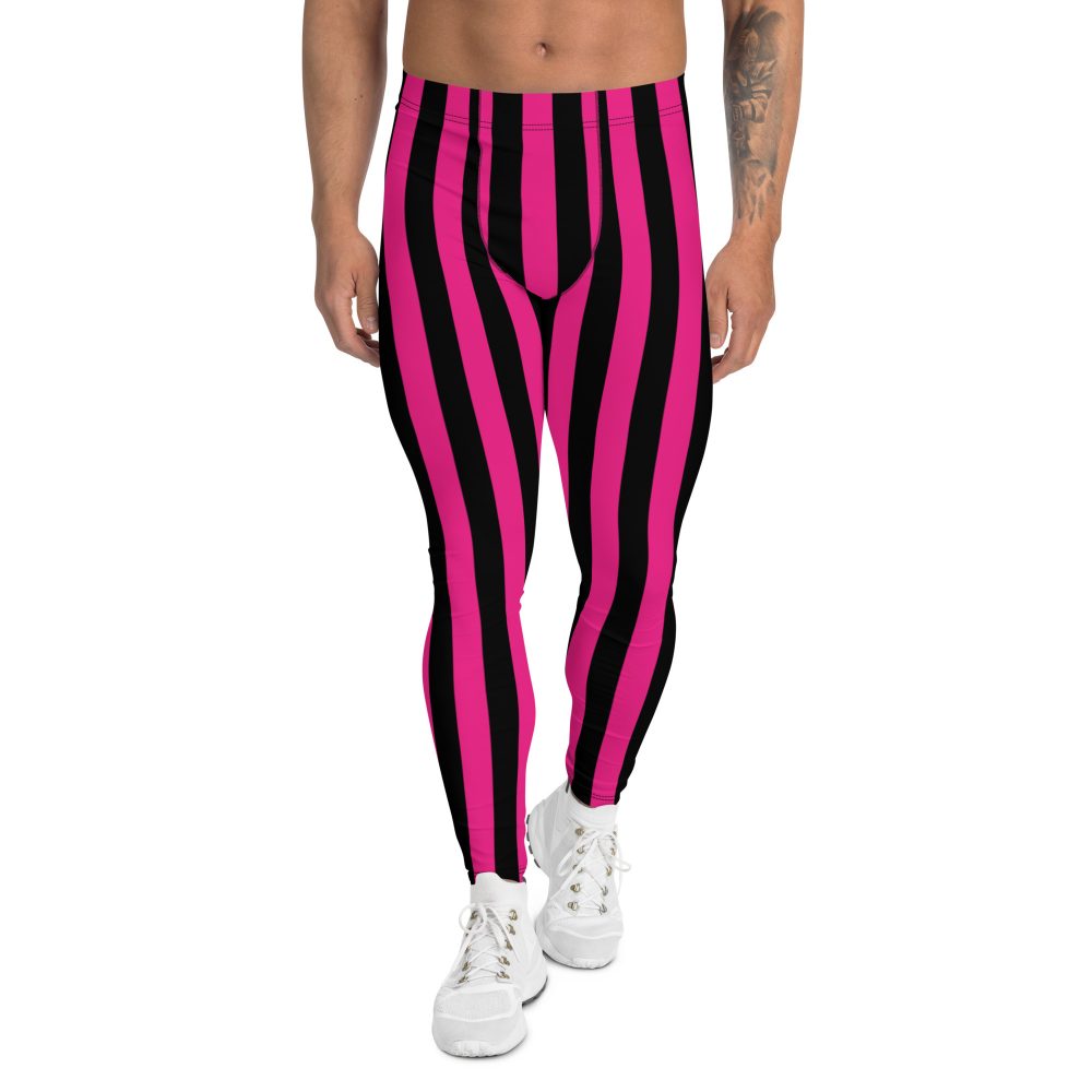 Pink Magenta and Black Stripes Pirate Witch Goth Costume Stripped Men's Leggings - Image 2