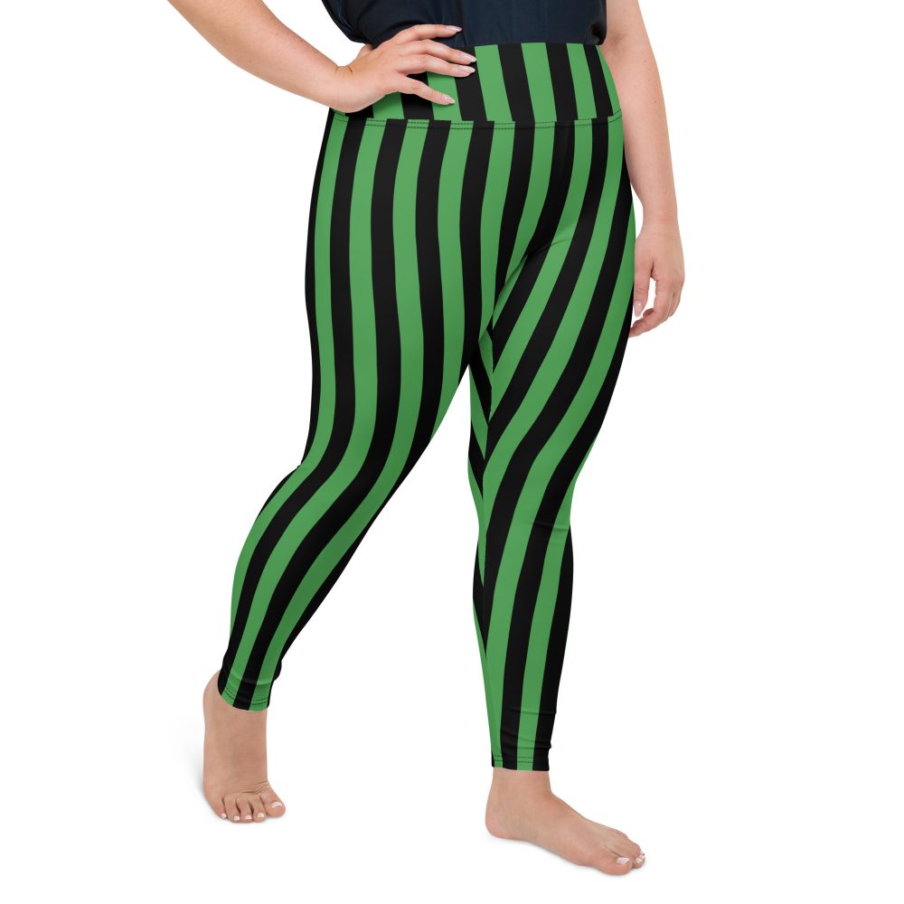 Green and Black Stripes Halloween Witch Pirate Costume Striped Plus Size Leggings - Image 7